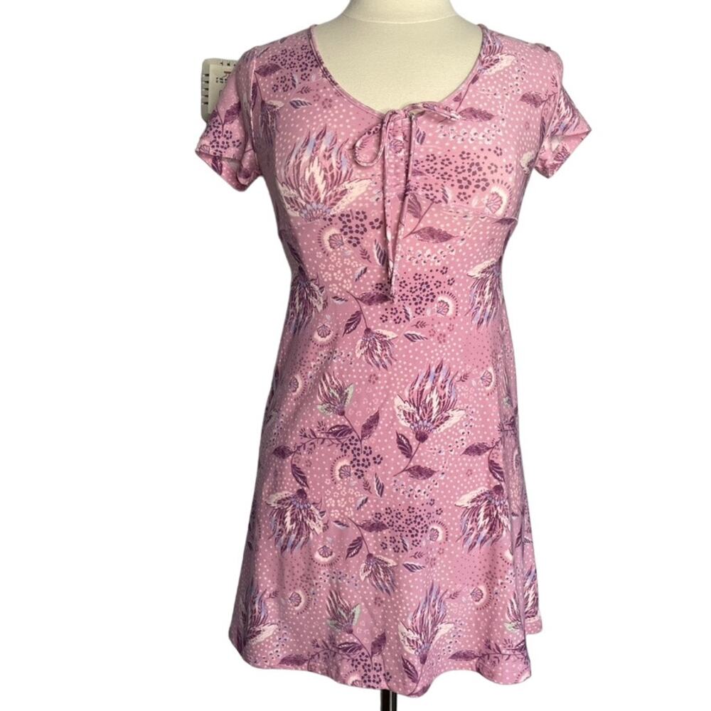 SO Pink Floral Paisley Tie Front Mini Dress Short Sleeve Boho A-Line Dress